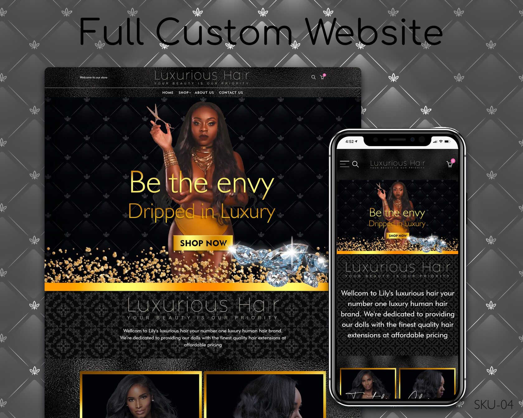 Black & Gold Luxury Hair Website Design — full page preview