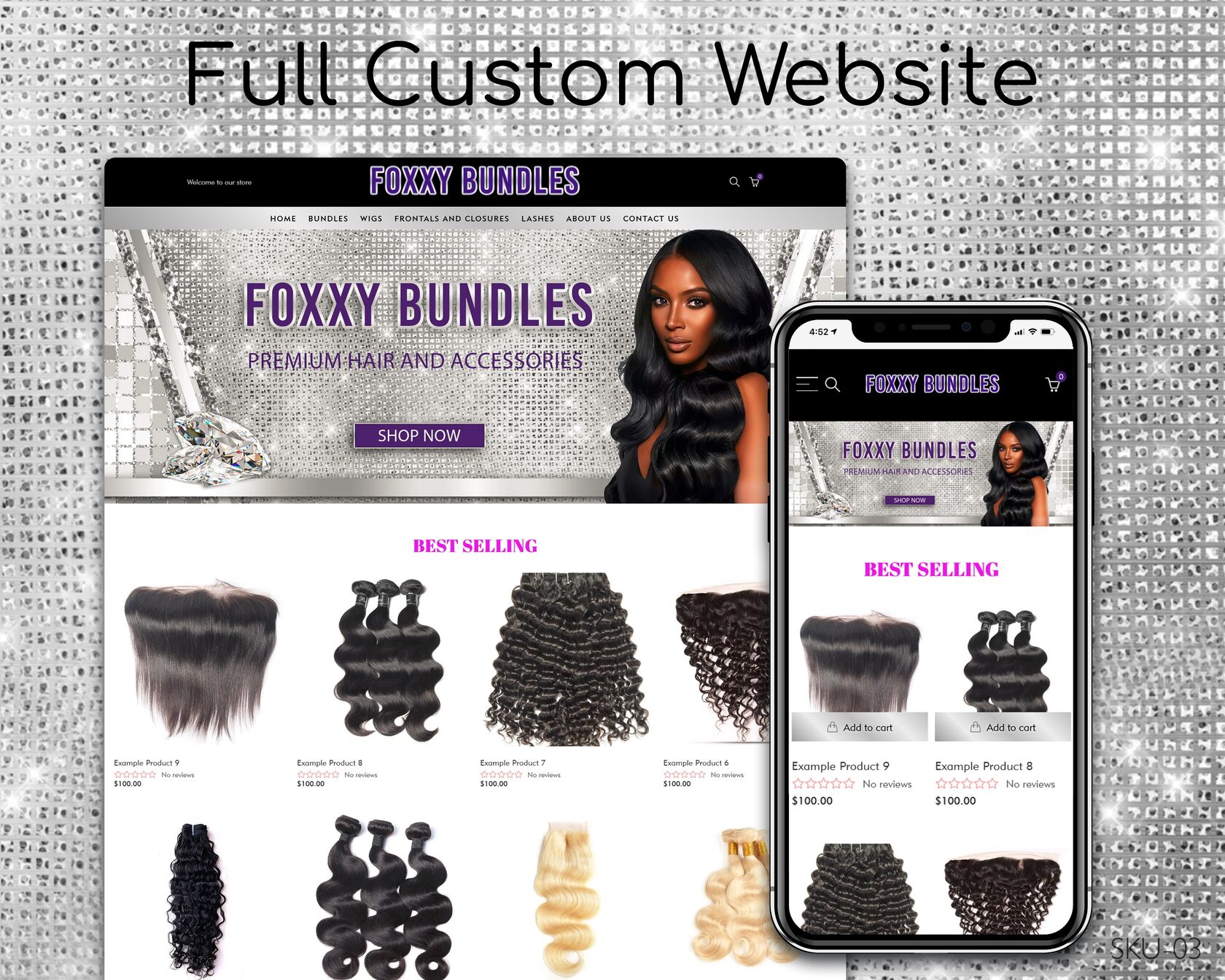 Silver Glitter Hair Bundles Website Design — full page preview