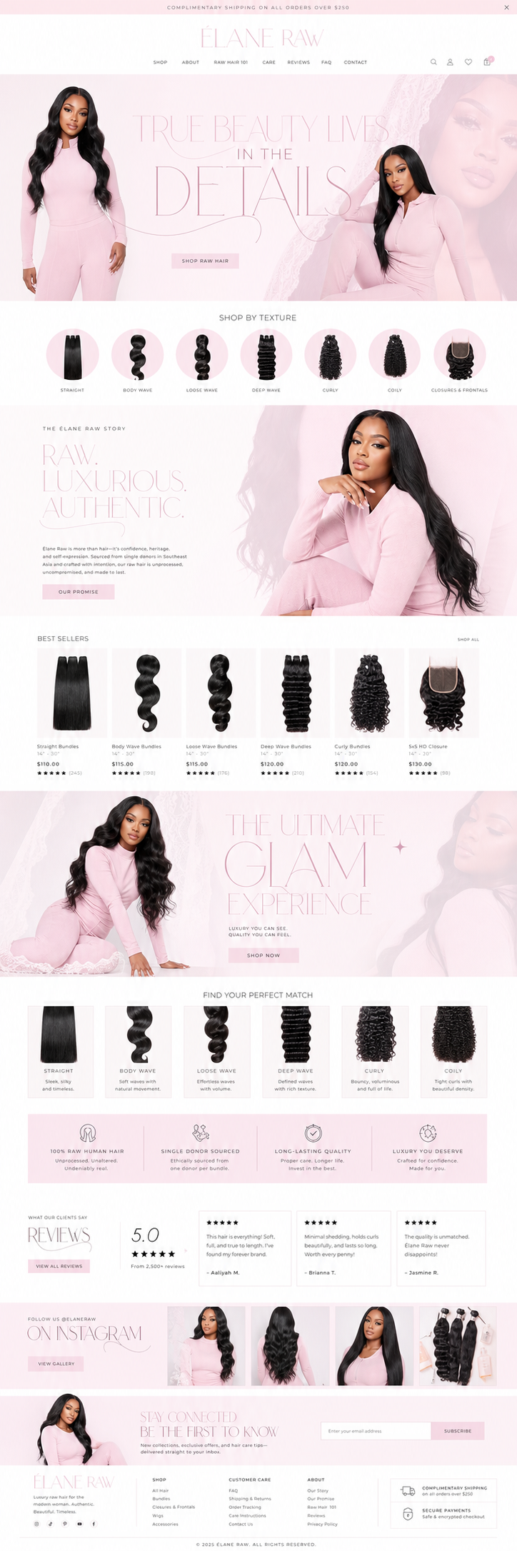 Soft Pink Hair Boutique Website Design — full page preview