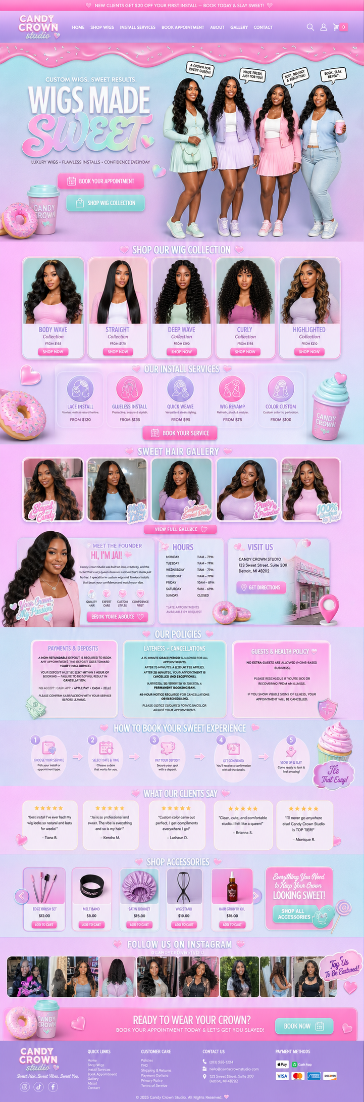 Pastel Wig Shop Website Design — full page preview