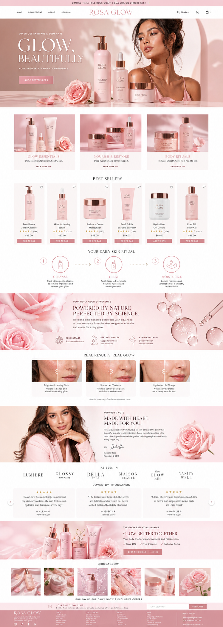 Blush Pink Skincare Shop Website Design — full page preview