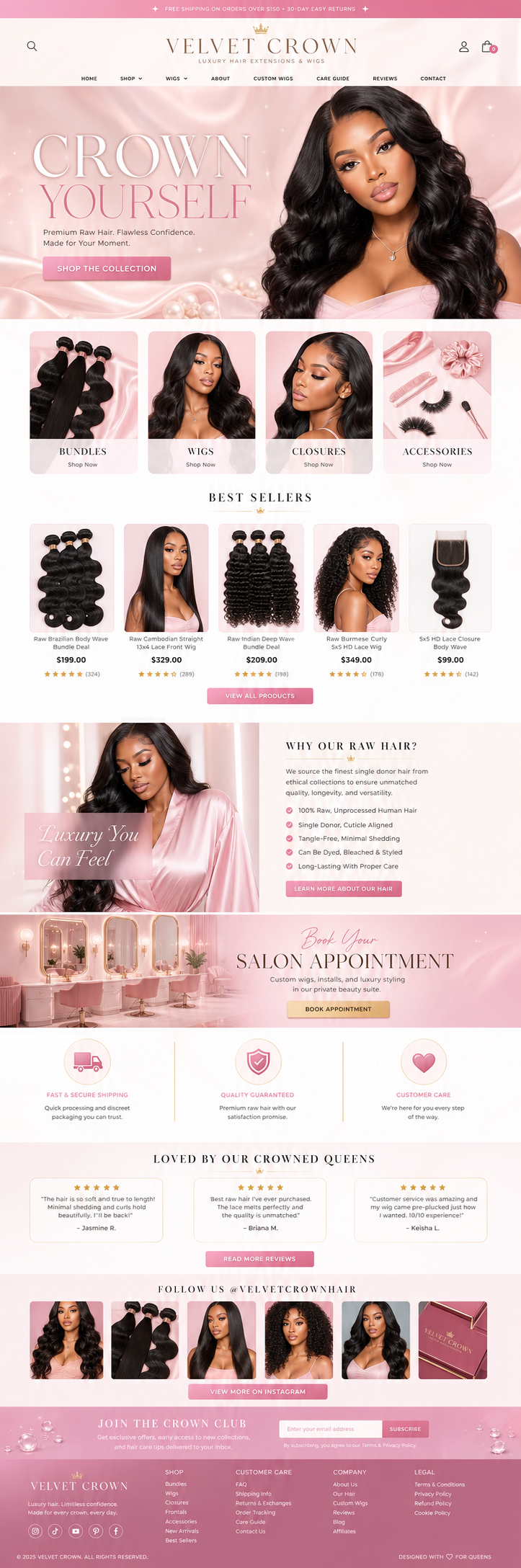 Luxury Raw Hair Store Website Design — full page preview